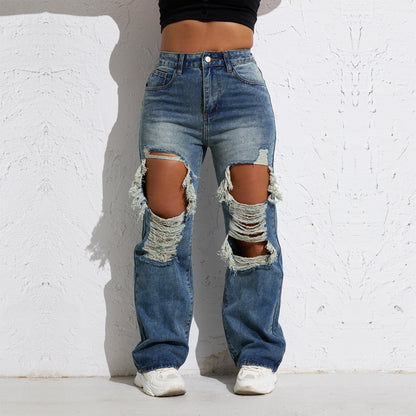 Shascullfites Melody Blue Wash Ripped Retro Stright Leg Jeans Women's Pants Denim Pants Jeans Wide Streetwear-Jeans-Tept Markets