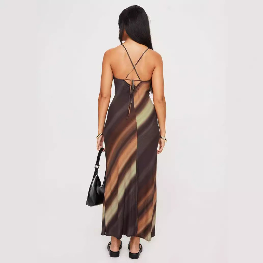 Printed Gradient Striped Sexy Slim Strap Personality Backless Lace-up Length Dress