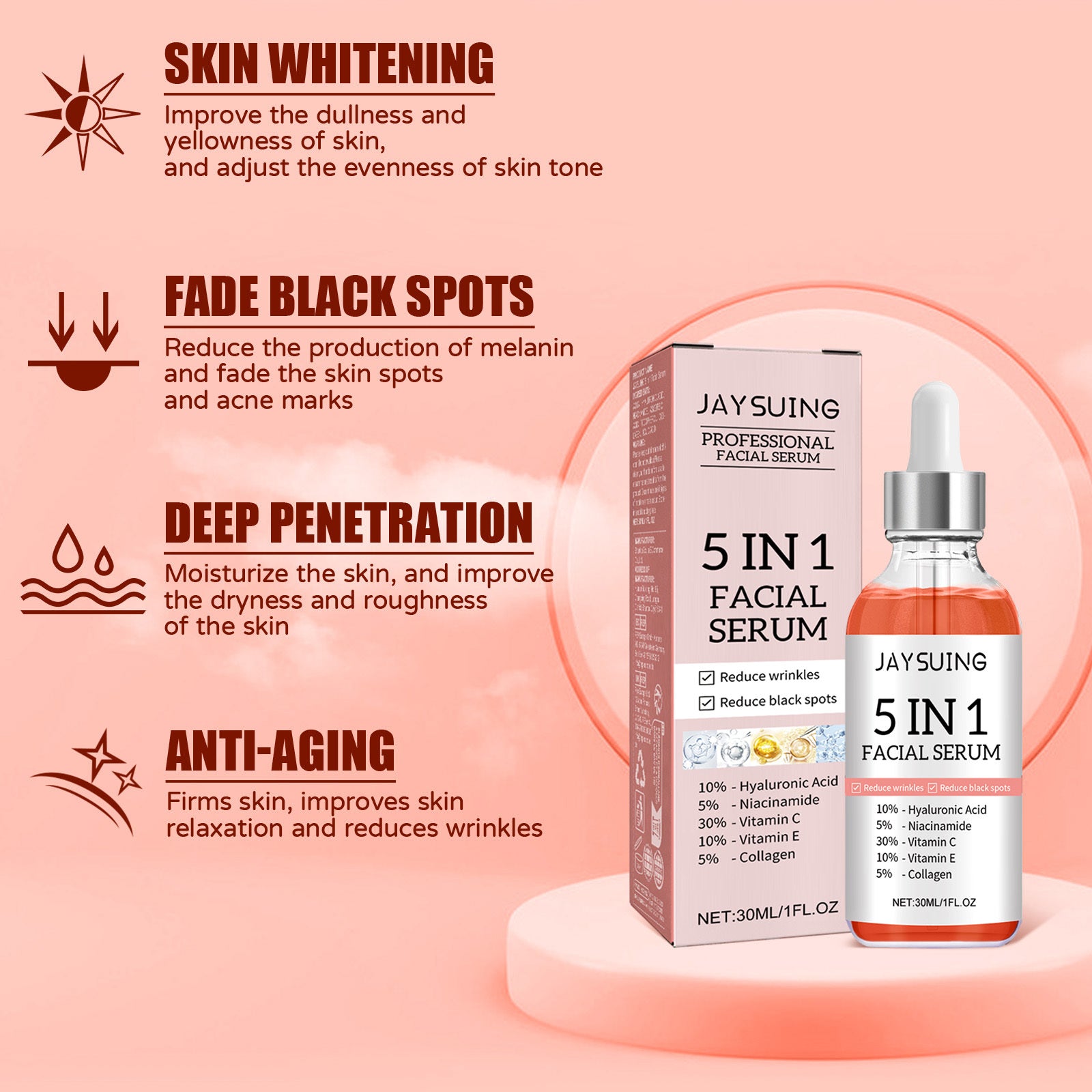 5 In 1 Facial Serum,30 Vitamin C Face Serum,Anti Aging Reduces Wrinkles Hydrating Collagen Facial Serum With Niacinamide,,Hyaluronic Acid, Vitamin E - Tept Markets