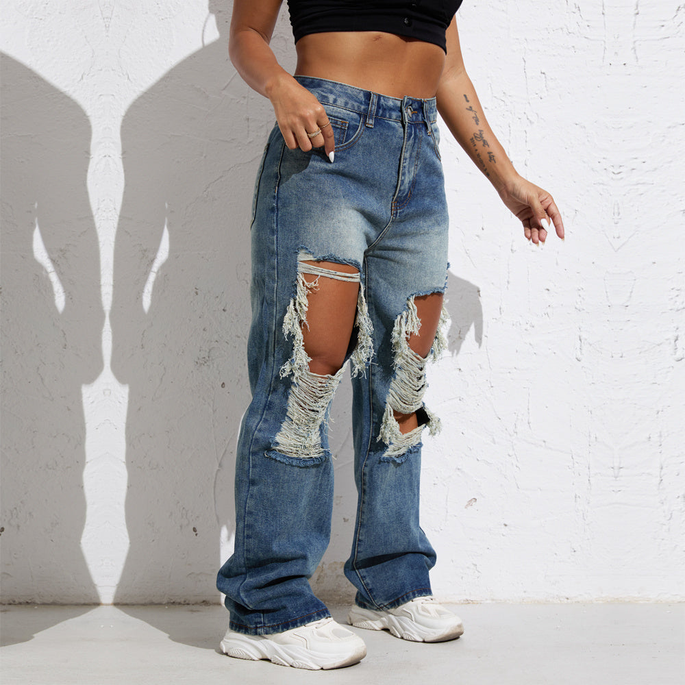 Shascullfites Melody Blue Wash Ripped Retro Stright Leg Jeans Women's Pants Denim Pants Jeans Wide Streetwear-Jeans-Tept Markets