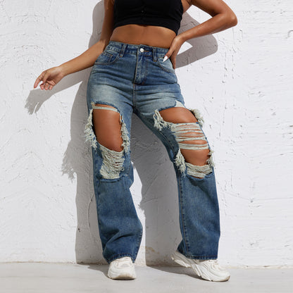 Shascullfites Melody Blue Wash Ripped Retro Stright Leg Jeans Women's Pants Denim Pants Jeans Wide Streetwear-Jeans-Tept Markets