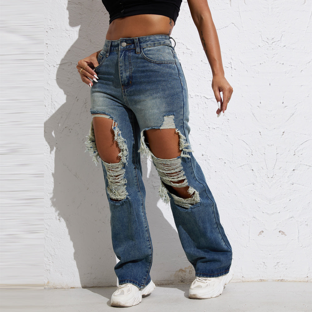 Shascullfites Melody Blue Wash Ripped Retro Stright Leg Jeans Women's Pants Denim Pants Jeans Wide Streetwear-Jeans-Tept Markets