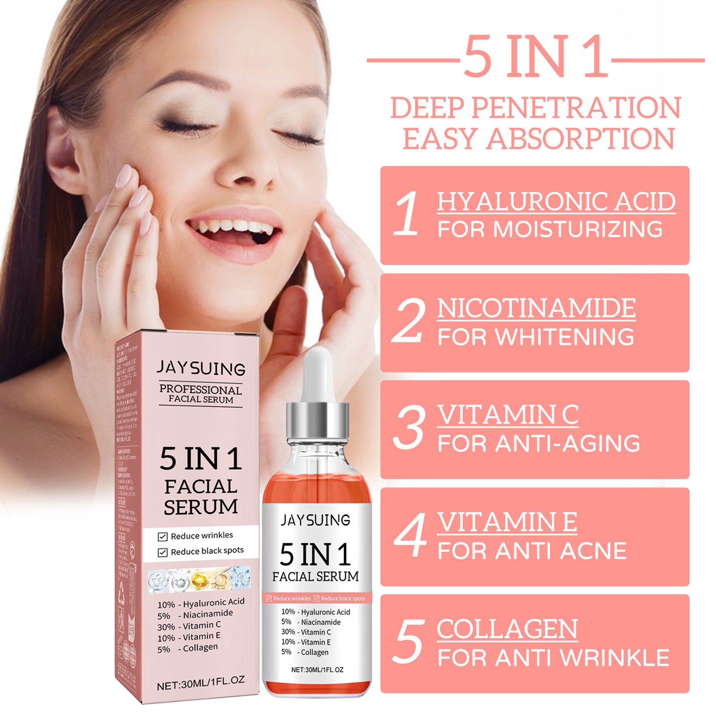 5 In 1 Facial Serum,30 Vitamin C Face Serum,Anti Aging Reduces Wrinkles Hydrating Collagen Facial Serum With Niacinamide,,Hyaluronic Acid, Vitamin E - Tept Markets